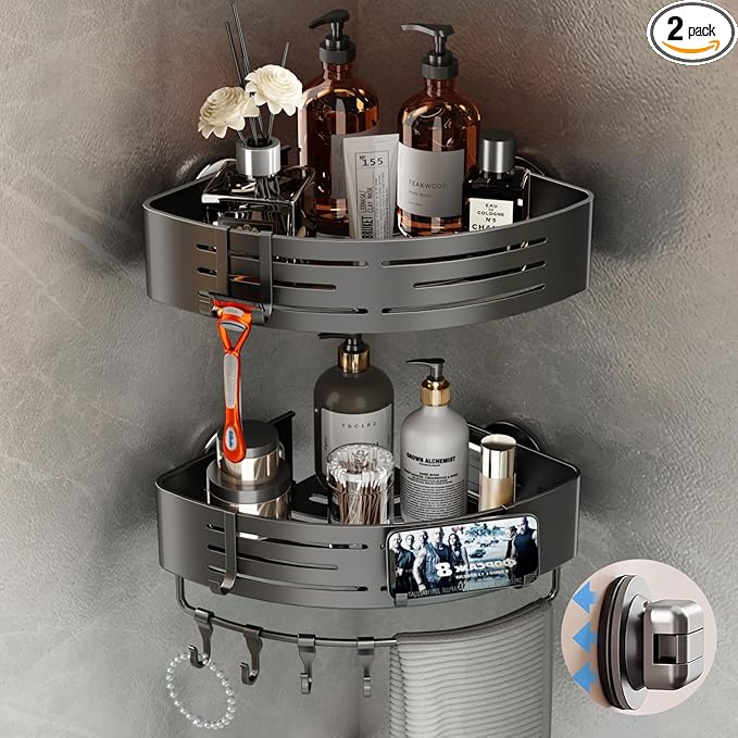 Voldra Corner Shower Caddy Suction Cup, 2 Pack Corner Shower Shelves No Drilling, Aluminum Upgrade Suction Cup Shower Organizer with Towel Bar & Hooks Removable Bathroom Storage Rack(Gray)