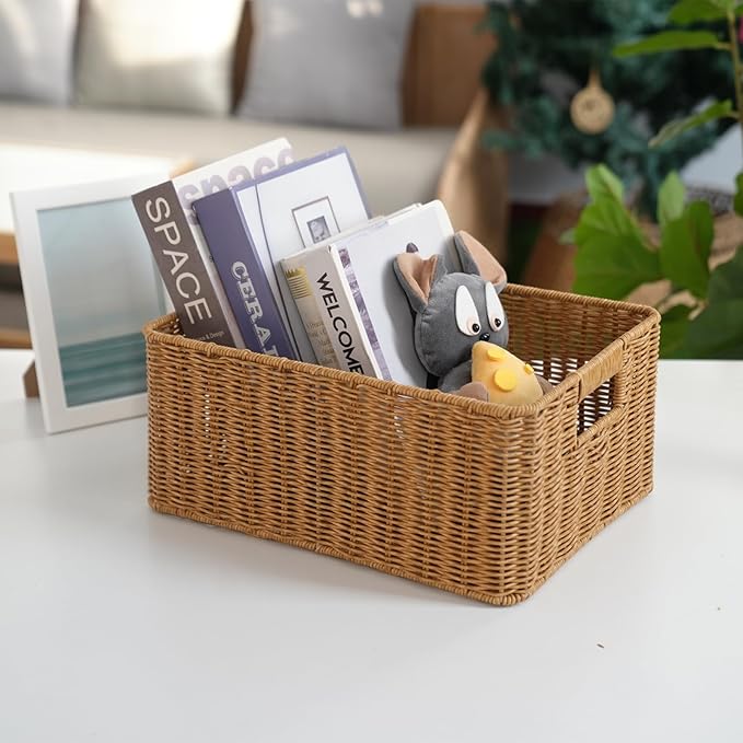 YRMT Rattan Storage Basket Pantry Basket with Built-in Handles Wicker Basket for Organizing Shelves Waterproof Woven Basket Nature (14"x10"x6.3")