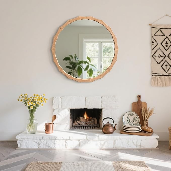 24" Circle Scalloped Mirror,Round Wavy Edge Wall Mirror for Bathroom,Nature Farmhouse Vanity Mirror with Bamboo Framed Hanging Leaning for Bedroom Living Room Entryway