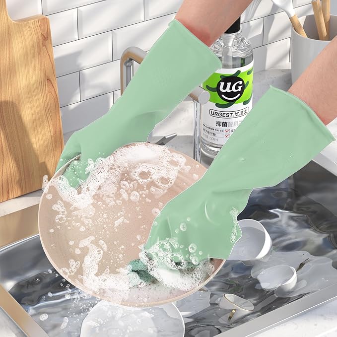 Rubber Kitchen Dishwashing Gloves - 4 Pairs Colorful Reusable Household Cleaning Gloves For Washing Dishes And Cleaning Tasks，Flexible And Durable Waterproof (Large, Dark Green+Blue+Green+Gray)
