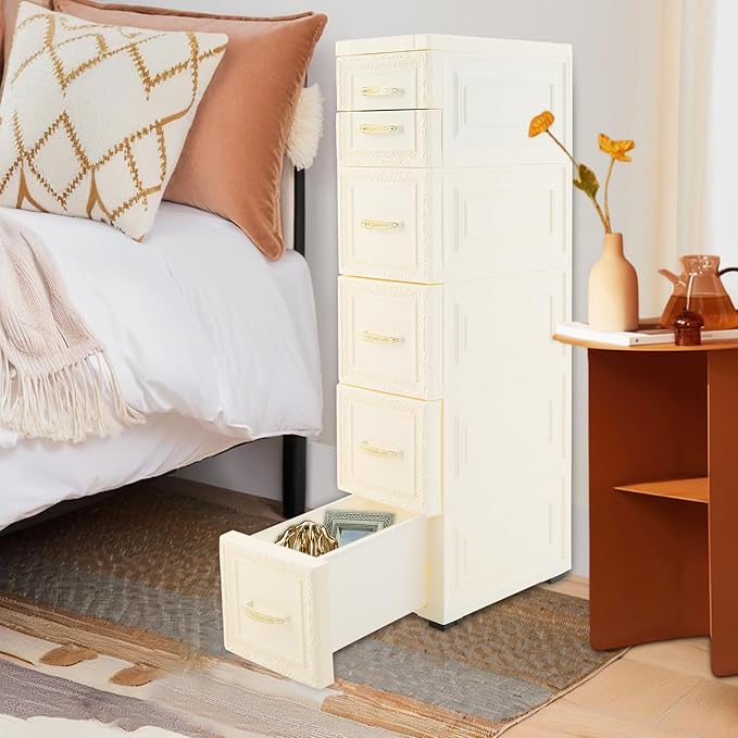 5-Tier Plastic Drawers Storage Dresser, 33"H Narrow Slim Storage Organizer Vertical Drawer Unit, Rolling Thin Storage Tower with Wheels for Small Spaces Gaps Home Furniture (White)