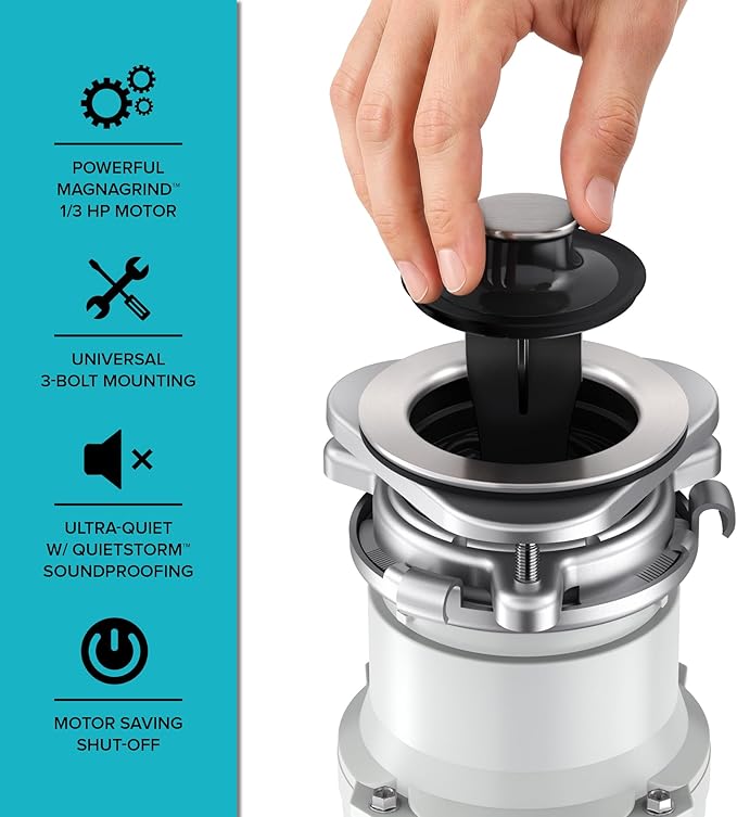 KRAUS WasteGuard 1/3 HP Continuous Feed Garbage Disposal with Ultra-Quiet Motor for Kitchen Sink with Power Cord and Flange Included, KWD201-33MCG