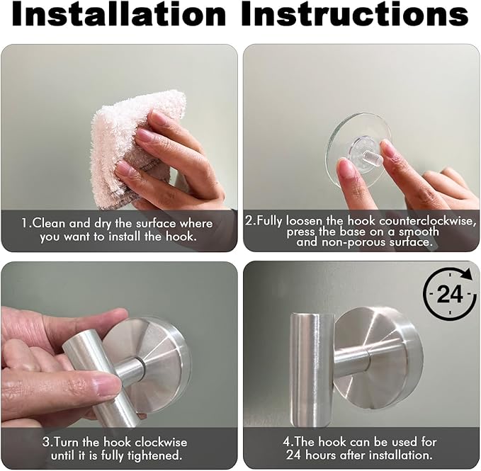 Suction Cup Shower Towel Hooks, Wall Mount Robe Holder, Heavy Duty No Drill Wall SUS304 Waterproof Stainless Steel Hooks for Bedroom, Bathroom, Kitchen, Hotel and Office (2*Brushed Nickel)