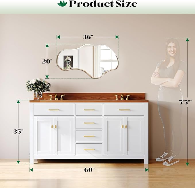 Irregular Wall Mirror, 20”x36” Frameless Asymmetrical Mirror, Beveled Frameless Funky Wavy Wall Mirrors for Entry Way Modern Bathroom Bedroom Living Room