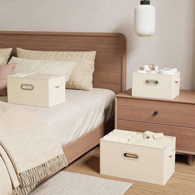 Foldable Cloth Basket with 4 Handles, Decorative Open Storage Boxes, Stackable Cube Organization, Fabric Bins for Shelves, Closet, Living Room, 13x9.1x7.9in, Beige, 4 Pack