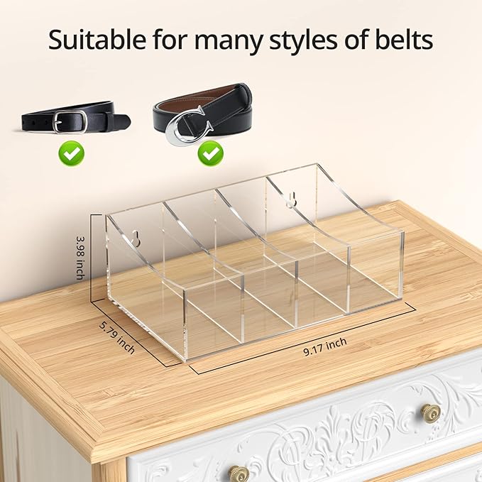 Belt Organizer, Acrylic Belt Storage Holder for The Closet and Drawer, 4 Compartments Belt Container Clear Display Case for Tie and Bow Tie