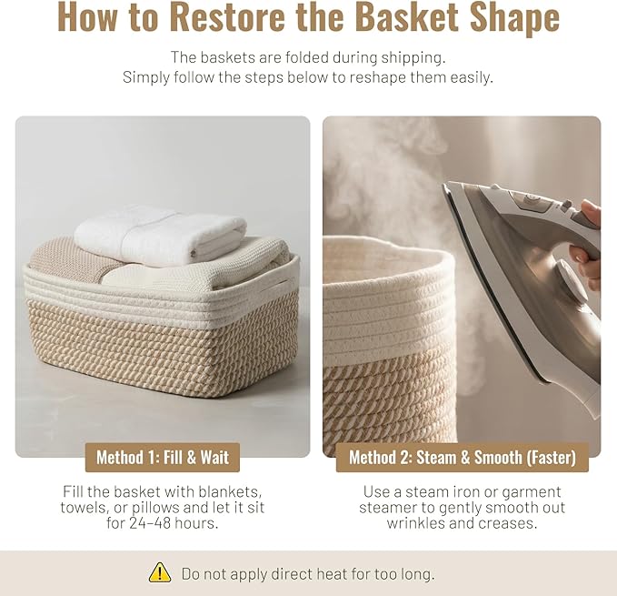 5 Pack Small Woven Storage Baskets for Shelves, Cotton Rope Baskets Organizer for Bathroom, Closet & Nursery, Decorative Storage Bins for Organizing Socks, Toys, 11.8"x7.9"x4.7", Khaki/White