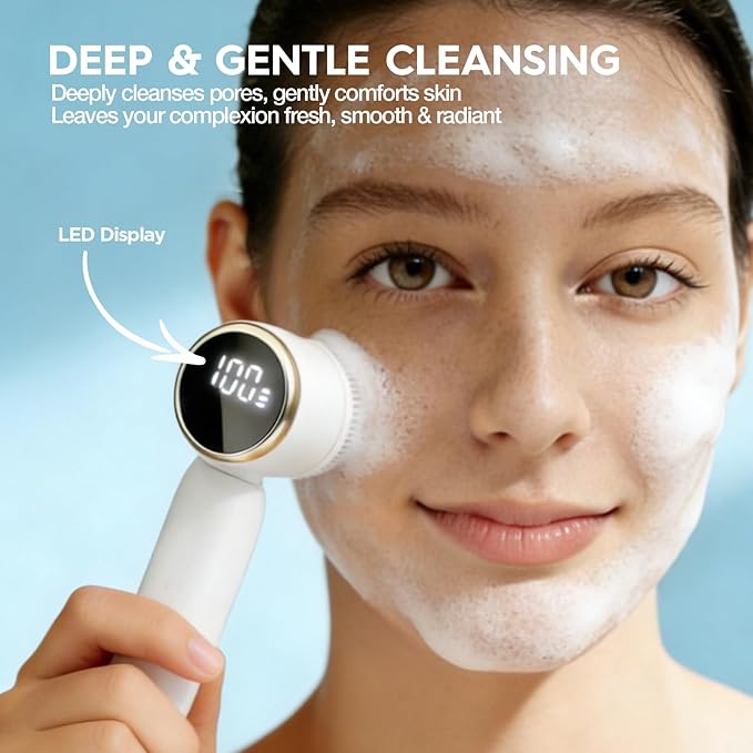 Electric Face Scrubber & Facial Cleansing Brush - 6-in-1 Exfoliating Face Scrubber Kit, 3 Speeds, IPX6 Waterproof Face Brush for Deep Cleaning, Massage & Gentle Exfoliation-Milk White