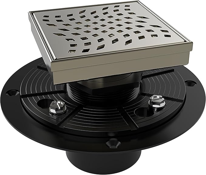 WEBANG 4 Inch Square Shower Drain Nickel Floor Drain with Flange Wave-Hole Pattern Cover Grate Removable SUS304 Stainless Steel Watermark&CUPC Certified Brushed Nickel