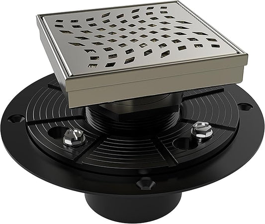 WEBANG 4 Inch Square Shower Drain Nickel Floor Drain with Flange Wave-Hole Pattern Cover Grate Removable SUS304 Stainless Steel Watermark&CUPC Certified Brushed Nickel
