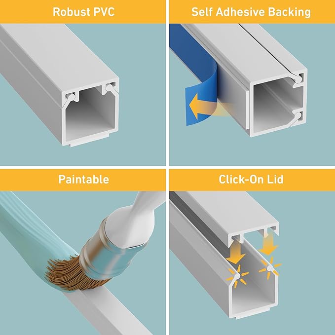 D-Line 6.56ft Cable Raceway, Self Adhesive Cord Cover, Hide Surface Wires, Paintable - 2X 0.63in (W) x 0.63in (H) x 39in Lengths - White