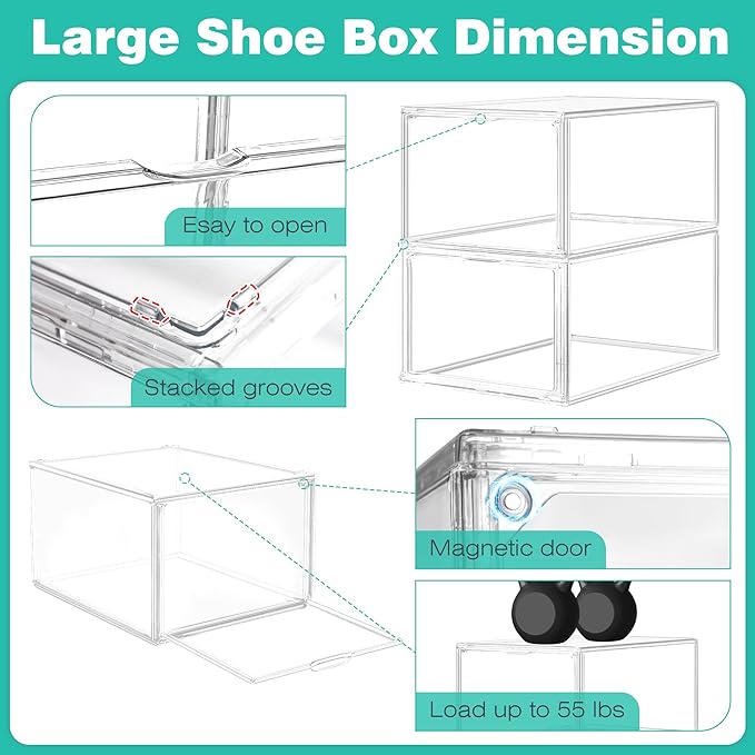 1 Pack Drop-Front Clear Shoe Storage Box Acrylic Box Shoe Organizer Size 12, Stackable Shoe Cases with Magnetic Door Storage Cubbies for Sneaker Containers Boot Display & Closet Organization