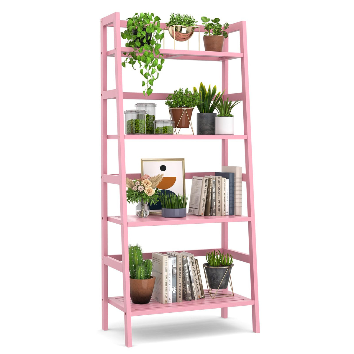 Pink Ladder Shelf, 4-Tier Bamboo Bookshelf & Bookcase Organizer - Image 1