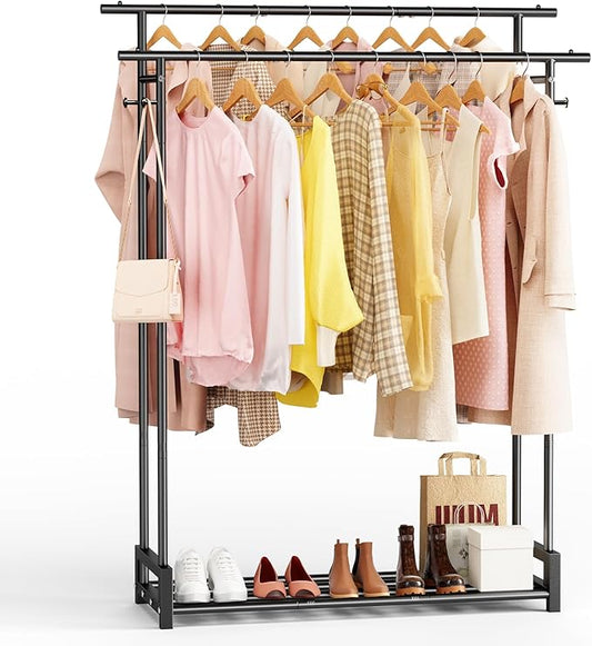 Clothes Rack for Hanging Cloth,Double Rods Metal Clothes Rack with Storage Shelf and Coat/Hat Hook, Freestanding Clothing Rack for Bedroom, Laundry, Cloakroom, Black