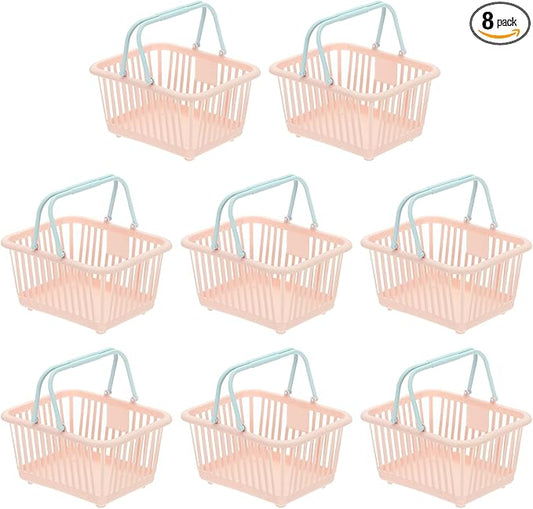 PATIKIL 8PCS Small Plastic Basket,Mini Storage Basket Grocery Tiny Shopping Baskets with Handle Organizer Filtered Water for Organizing Toys Fruits Veggies Snacks, Pink