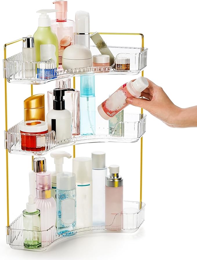 3 Tiers Corner Bathroom Counter Organizer, Clear Countertop Shelf Storage Rack, Cosmetic Perfume Tray Standing Holder with Gold Metal Pole, Skincare Sink Organizer for Vanity Kitchen