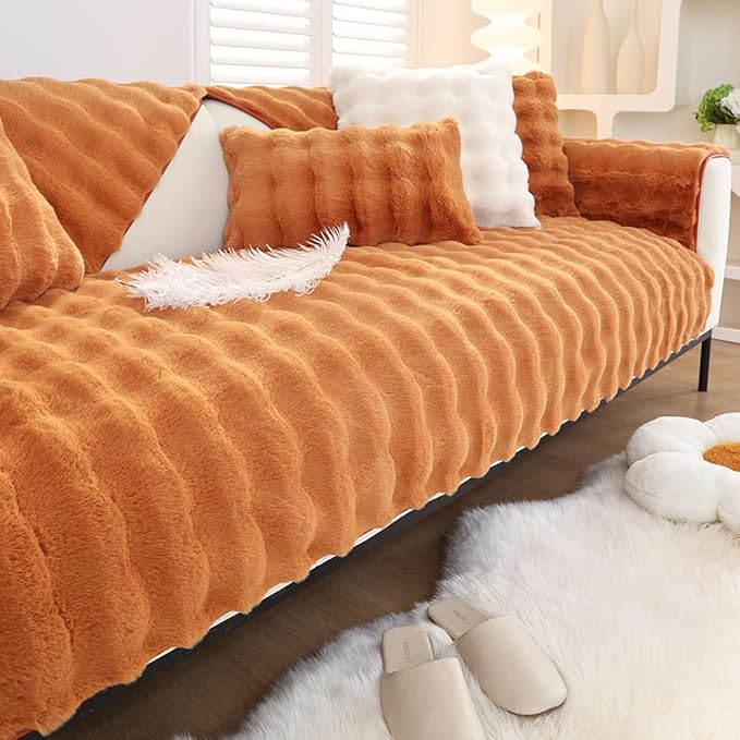 Soft Warm Faux Fur Couch Sofa Cover Thick Shaggy Fuzzy Sectional Couch Cover Non-Slip Solid Color Plush Sofa Slipcover Furniture Protector for Kids, Pets (Dark Orange,28"x70")