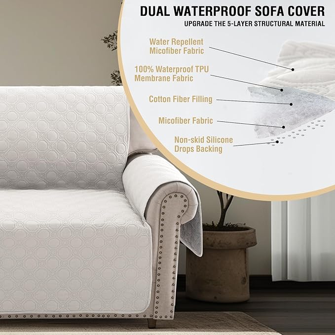 PrinceDeco Oversized Couch Cover for 3 Cushion Couch Extra Large Sofa Cover for Dogs Water Proof Furniture Protector Cover with Elastic Straps for Pet (Oversized Sofa, Beige)