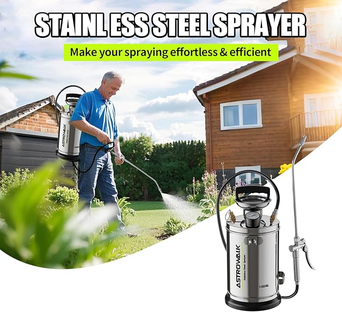 1.5 Gallon Stainless Steel Sprayer, Medium Duty & Versatile Pump Sprayer with 20" Wand & 4FT Reinforced Hose for Large Lawn, Garden, Fence & Patio, Includes Viton Seals and Gloves