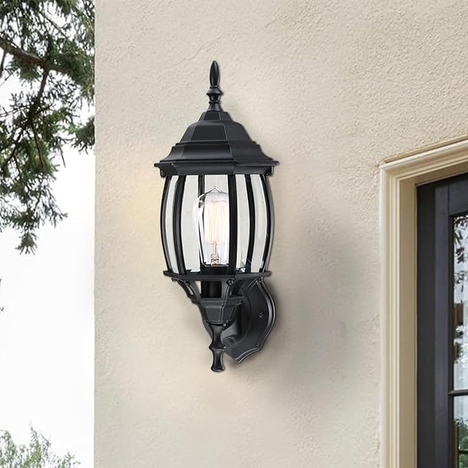 2 Pack Black Outdoor Wall Lights - 16.8 Inch Garage Side Light for House, Metal and Glass Wall Lantern Sconce, Vintage Outside Porch Light for Front Door,Porch,Balcony,E26 Base