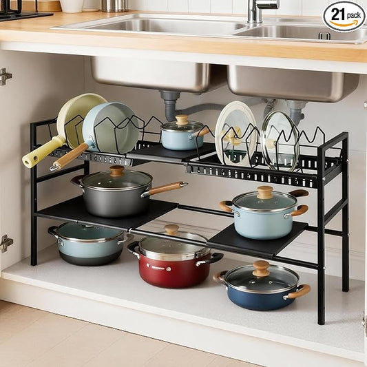 Pots and Pans Organizer Under Cabinet, Expandable Length, Adjustable Height Under Sink Shelf 2 Tier with 10 Dividers Under Sink Organizer, Pot and Pan Lid Holder Rack (Black)