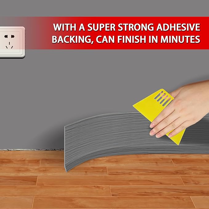 Vinyl Wall Base Baseboard Molding Trim 4" Flexible Self Adhesive Rubber Wall Base Moulding Trim Peel and Stick Design, 4 Inch x 100 Feet, Medium Grey Wood