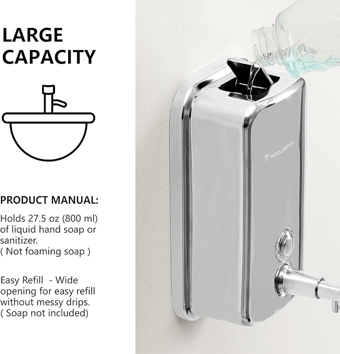 modunful Stainless Steel Soap Dispenser – 27oz Wall Mounted for Family Use, Brushed Nickel, Leak-Proof Pump, Durable Design for Busy Households