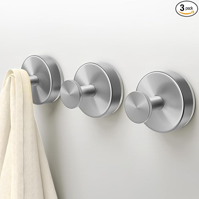 Deluwire Suction Cup Hooks for Shower, Shower Hooks for Bath Robe, Mirror, Tile, Window Glass, Towel Hooks Removable for Bathroom Wall, 3 Packs-Silver