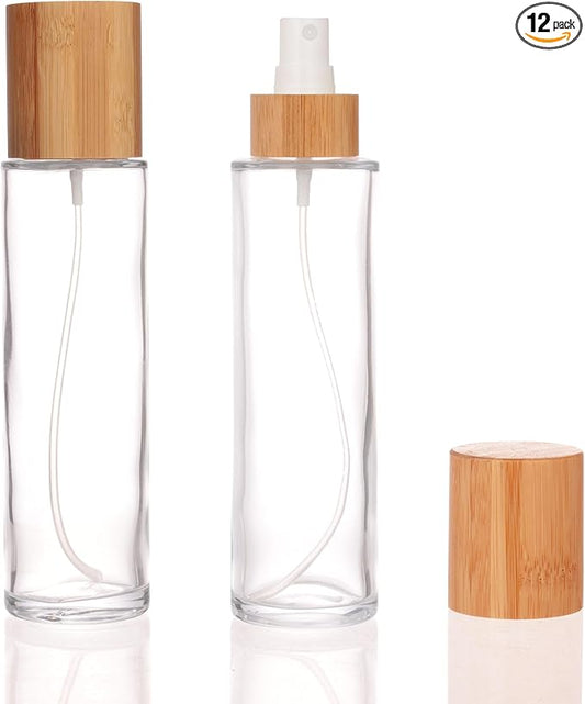 COSIDEA 12 pcs Empty 5oz /150ml bamboo lid clear glass spray bottle with fine mist despenser head for liquid perfume toiletries containers, toner bottles