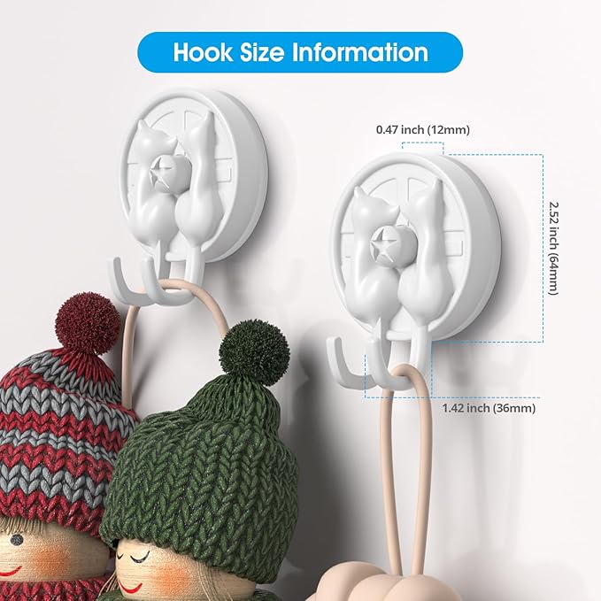 AST Cute Double-Cat Suction Cup Hook, 4 Pack, Heavy Duty Hooks, Upgraded Reliable Force of Both Adhesion and Vacuum, Wall Holders for Loofah, Towel, Coat and Bath Robe, Waterproof Hanger, Matte White