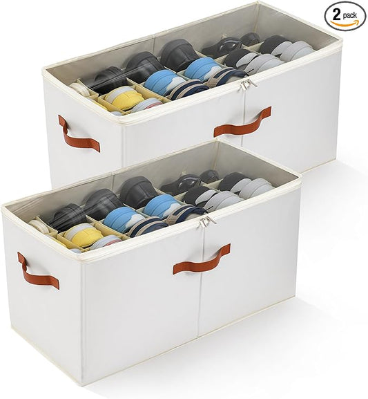 2-Pack Extra Large Shoe Organizer for Closet, Foldable Shoe Storage Container with Adjustable Dividers & Clear Lid, Holds Up to 18 Pairs, Space-Saving Shoe Boxes, White