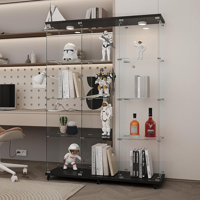 LFT HUIMEI2Y Glass Display Cabinet 12 Shelves with 3 Columns 2 Doors, LED Light and Lock, Extra Large Curio Cabinets Quick-Install Style Tempered Glass Bookshelf for Living Room, Kitchen Black