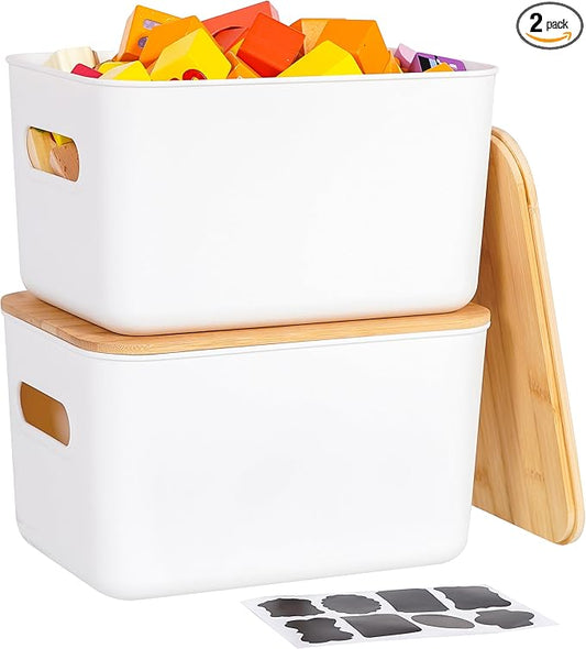 Citylife Storage Bins with Bamboo Lids 7QT Plastic Storage Containers Stackable Organizer Boxes with Handle for Desk Snacks, Toys, 2 PCS, 10" L x 7" W x 5.8" H