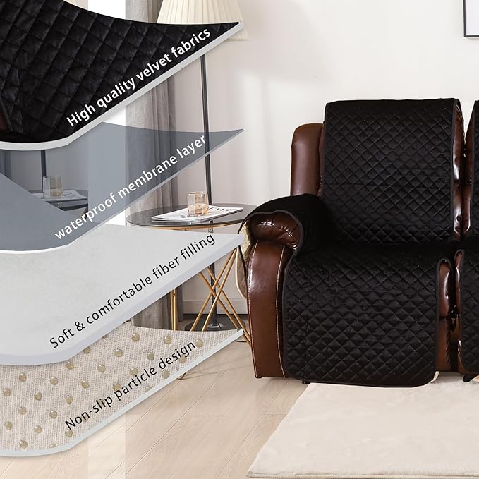 LUFEIJIASHI Non Slip Recliner Couch Covers for 3 Cushion Couch Sofa Reclining, Waterproof Recliner Sofa Covers 3 Seat, Velvet Reclining Couch Covers for Furniture Protector for Dogs Pets Black