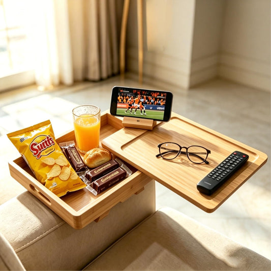 Bamboo Couch Arm Tray with Extra Wide Storage Box, TV Tray - Image 1