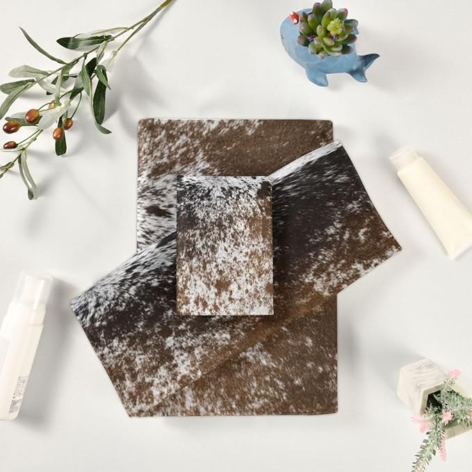 Western Cow Print Bath Towels Set,Absorbent Soft 3 Piece Brown Farm Cowhide Animal Fur Pattern Towels for Bathroom,1 Bath Towel 1 Hand Towel 1 Washcloth,Quick Dry Decoractive Bathroom Towels
