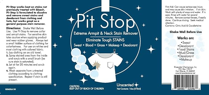 Pit Stop, Sweat Stain & Deodorant (Antiperspirant) Armpit Stain Remover, Multi-stain formulation, 16oz.