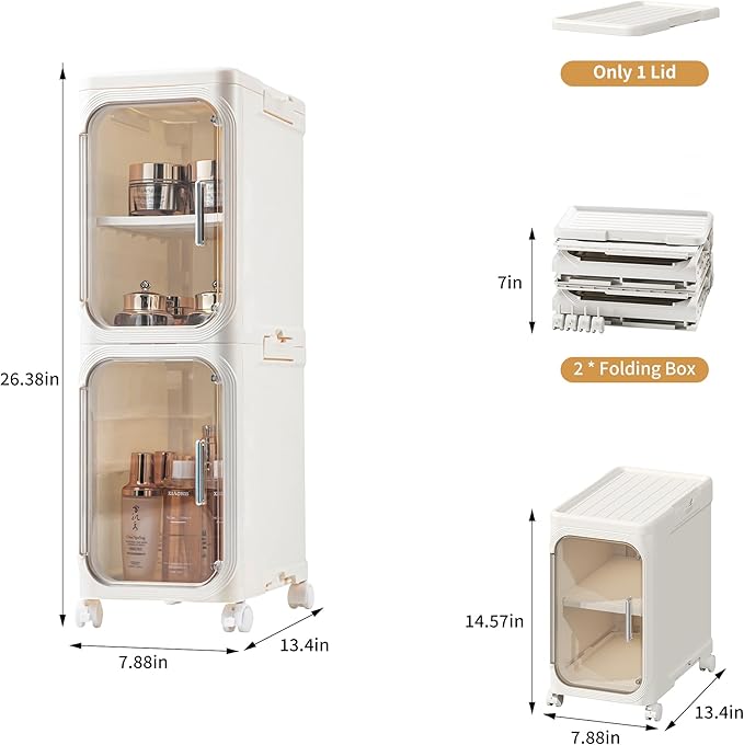 2-Tier Narrow Bathroom Storage Cabinet with Wheels, Plastic Slim Organizer with Adjustable Shelves for Small Spaces,Bathroom, Kitchen, Laundry,Milky White