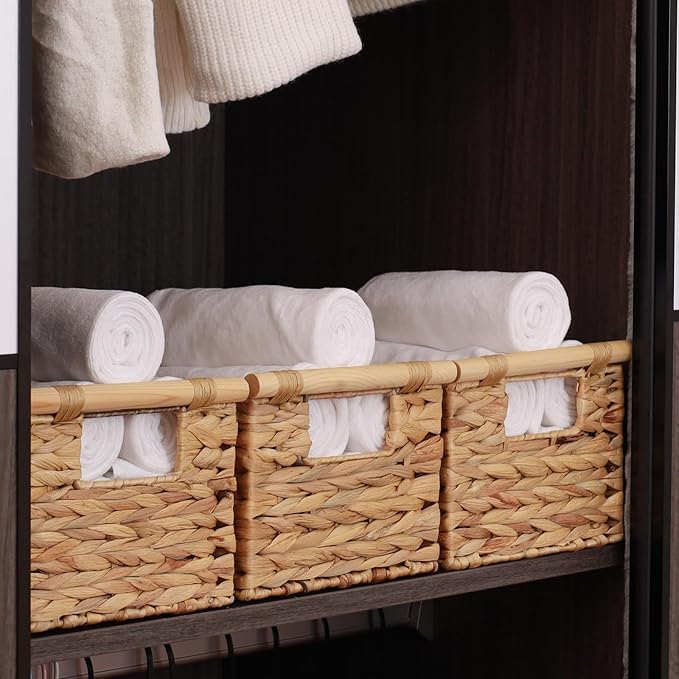 Natural Water Hyacinth Storage Baskets for Organizing Small Wicker Baskets With Handles, Woven rectangle Baskets for Storage Baskets for Shelves, Large Rectangular Towel Basket