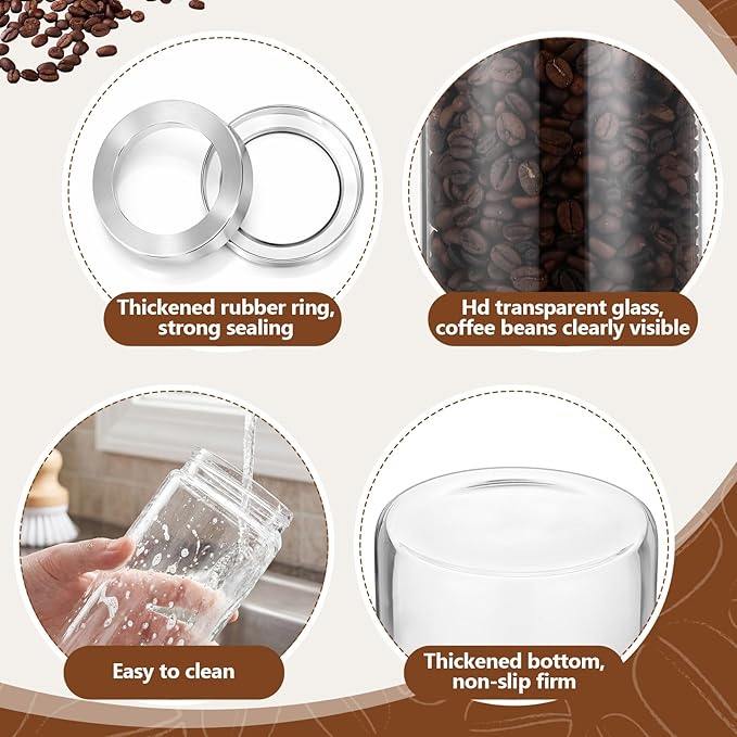 Suclain 3 Pcs Glass Coffee Bean Container 44 oz Airtight Coffee Canister with Shelf and Measuring Spoon Kitchen Food Canister Jar for Sugar Candy(Artsy Style, Wood, Glass, Stainless Steel, Acrylic)