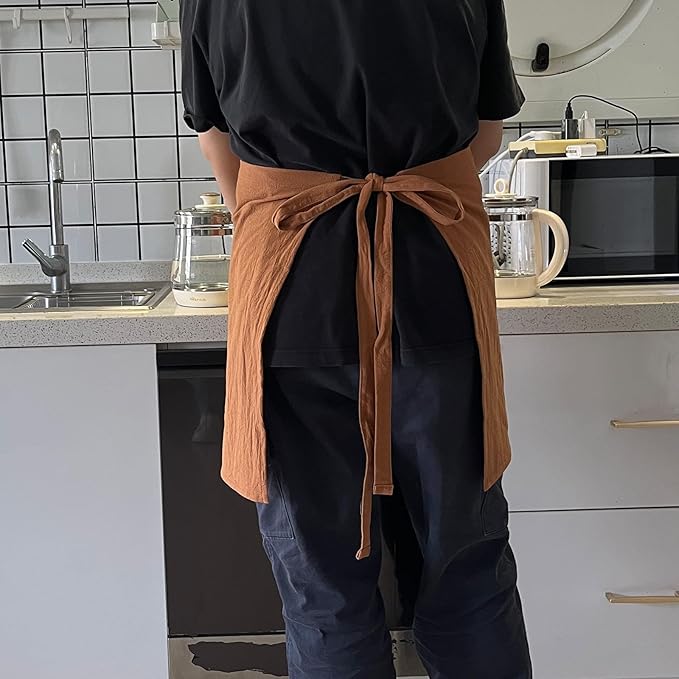 Cityelf Linen Server Apron Cotton Bistro Half Apron with Large Pockets Waist Kitchen Apron for Cooking Waitress
