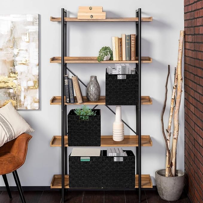 2-Pack Collapsible Ribbon Woven Storage Bins with Metal Structure, Shelf Basket, Pantry Organizer, Home Decorative Utility Cubes (11 x 11 x 11 in, Black)