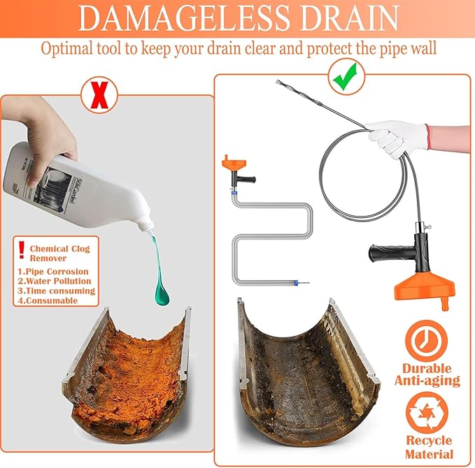 Drain Auger 33 Feet, Plumbing Snake Hair Clog Removal Tool, Heavy Duty Toilet Auger, Clog Remover Tool for Bathroom Kitchen Tub Shower Drain Clog Remover with Gloves, Orange
