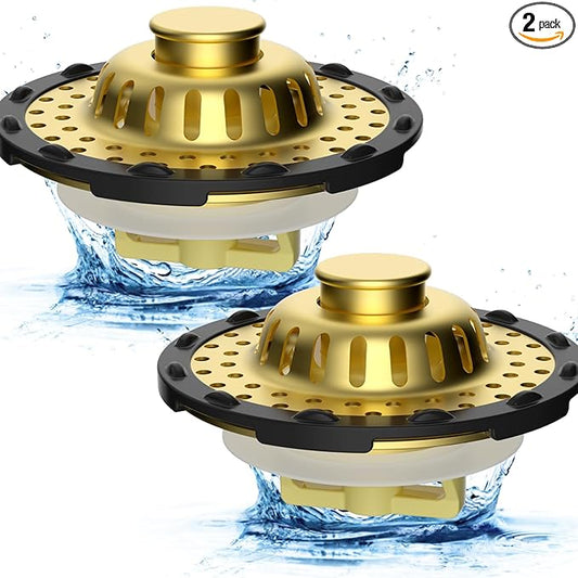Metal 2 Pack Bathtub Drain Stopper with Top Hair Catcher, 3 in 1 Pop-up Bathtub Strainer, Tub Stopper with Detachable Stainless Steel Filter Basket for Standard 1.5 to 2.4'' Drain, Brushed Gold