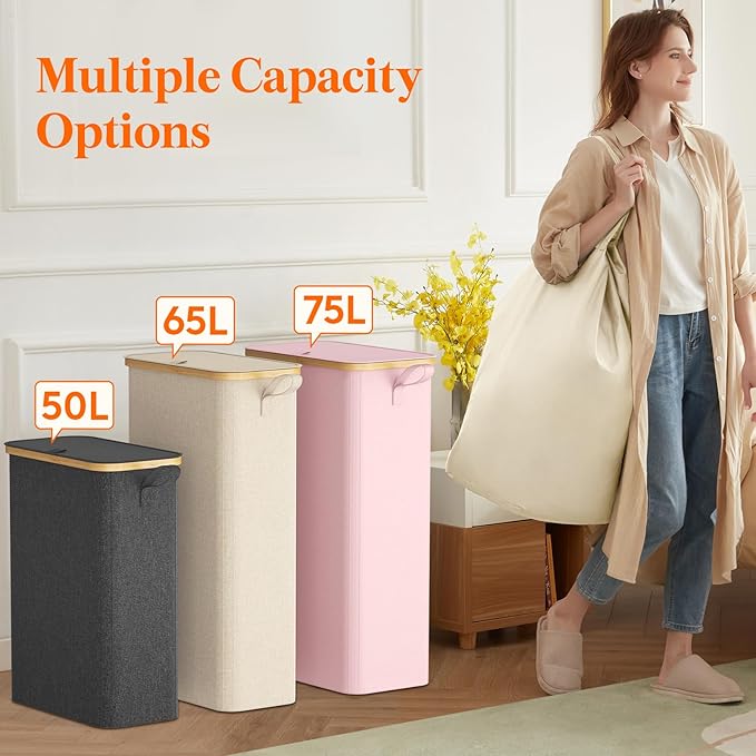 Lifewit 75L Slim Laundry Hamper with Lid, Narrow Laundry Basket with Removable Bag & Bamboo Handles, Fodable Thin Dirty Clothes Hamper for Laundry Collapsible Bin for Bathroom Bedroom Dorm, White