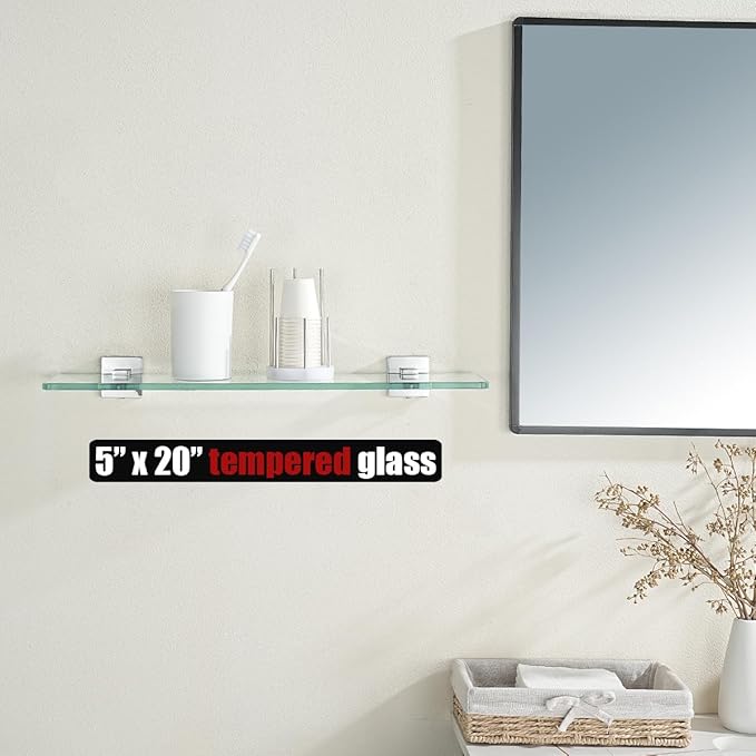JQK Bathroom Glass Shelf, Floating Tempered Glass Shower Storage 20 by 5 inches, 304 Stainless Steel Polished Chrome Wall Mount, TGS201L20-CH