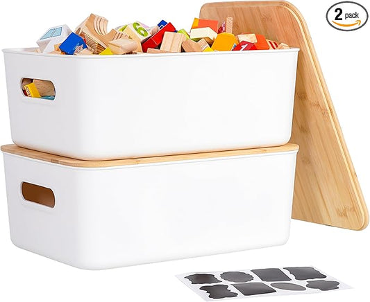 Citylife Storage Bins with Bamboo Lids 16QT Plastic Storage Containers Stackable Organizer Boxes with Handle for Desk Snacks, Toys, 2 PCS, 15" L x 10.6" W x5.8 H