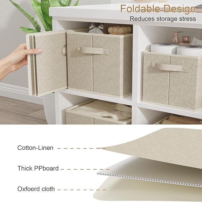 Open Storage Baskets, Collapsible Cube Bins, Fabric Container Organizer with Metal Handles, Boxes for Shelves, Closet, Living Room, 10.2x7.9x6.7in, Grey and Beige, 2 Pack