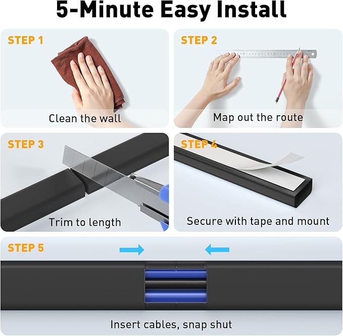 Delamu Black Cord Hider, 62.8in TV Cable Hider, Cord Covers for Wires on Wall, Wire Hider Wire Covers for 2-3 Cords on Wall, Easier Setup Cable Raceway Cable Management, 4X L15.7 W0.94 H0.47in, Black
