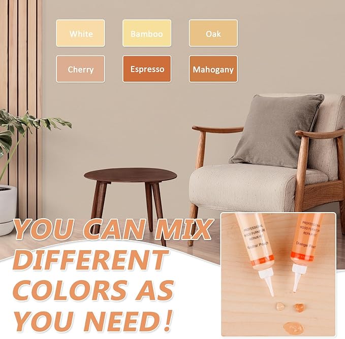 Wood Furniture Repair Kit, 6 Colors Wood Touch up Fillers Hardwood Laminate Vinyl Floor Repair Kit with Wood Putty, Wood Polish Wax for Hole, Scratch, Crack, Stain (Peach Wood 16Pcs)